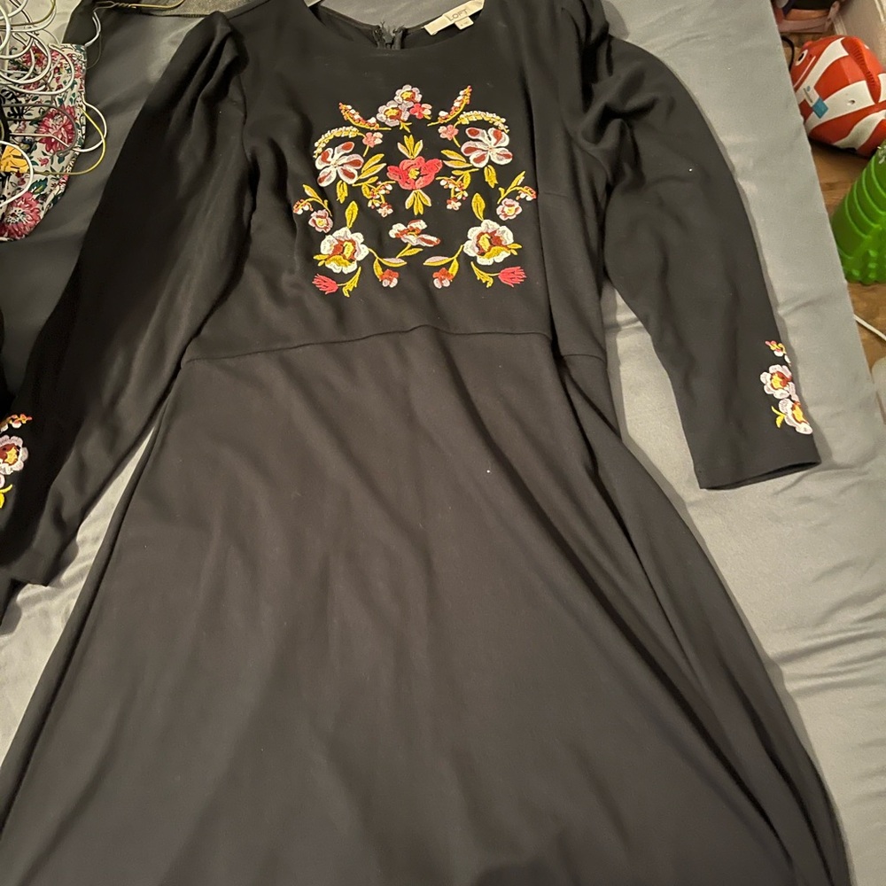 LOFT Black Floral Embroidered Long Sleeve Dress